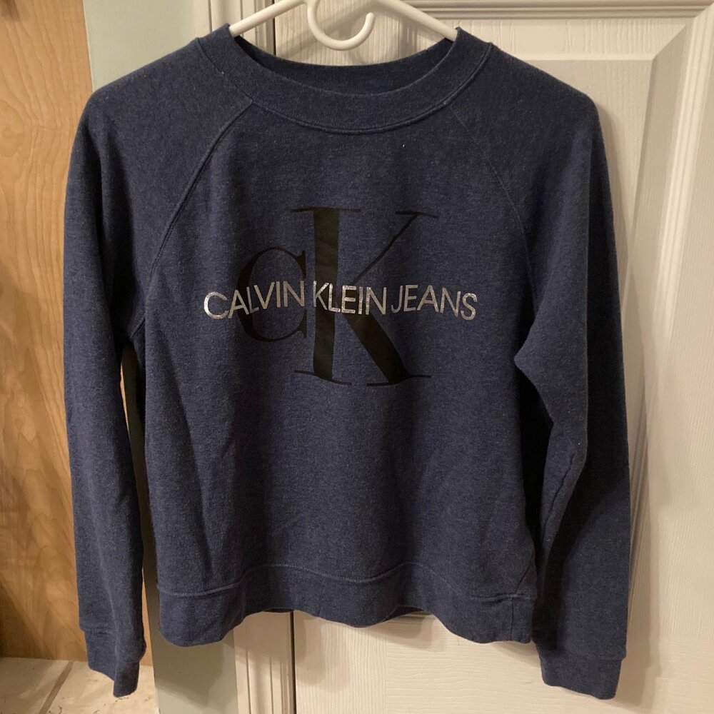 CK Calvin Klein Jeans Crewneck Sweatshirt Men’s Size Small S Blue w/ Silver Text